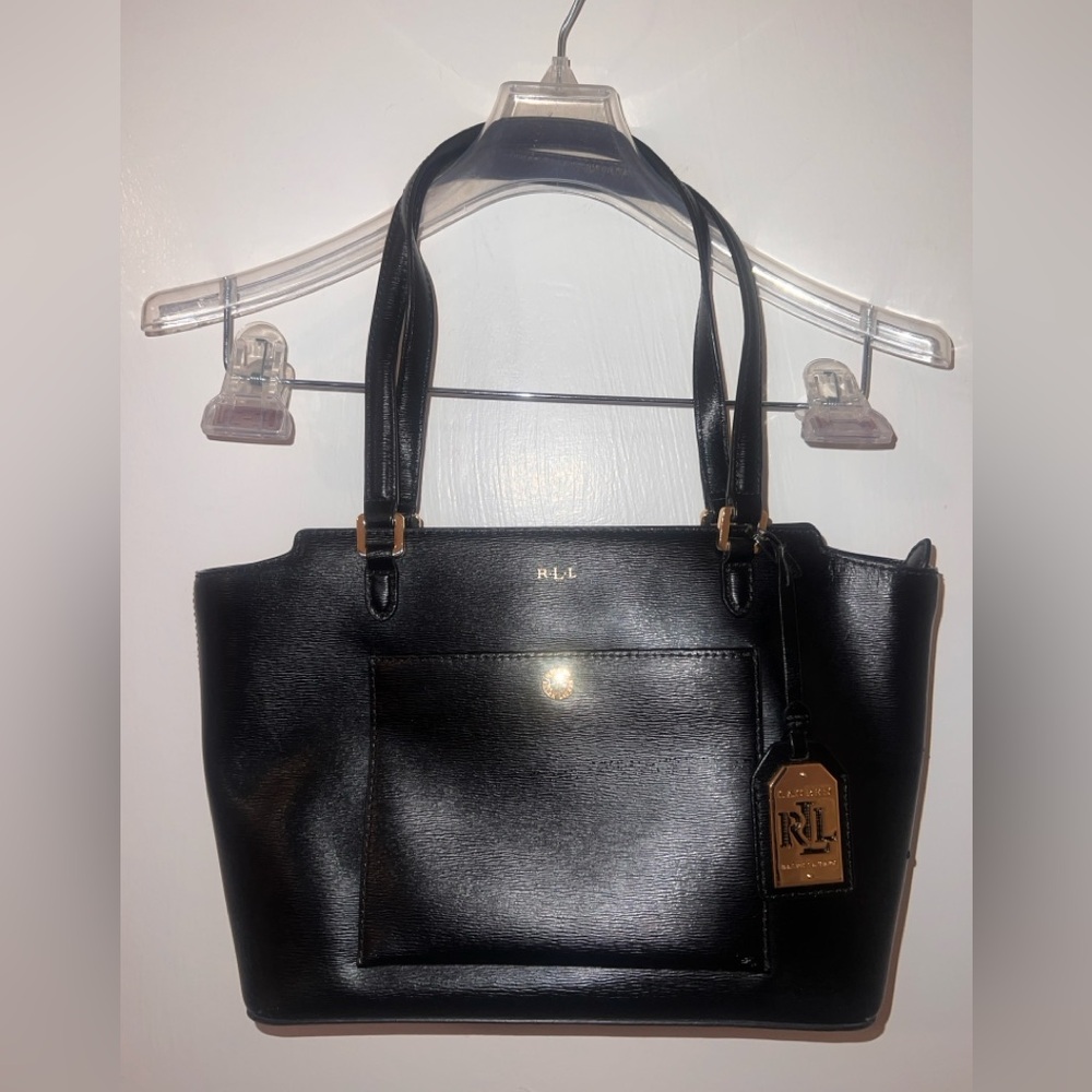 Lauren Ralph Lauren Newbury Modern Pocket Saffiano Shopper in Black/Gold